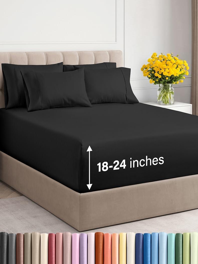 Extra Deep Queen Sheet Set - 6 Piece Breathable and Cooling Sheets - Hotel Luxury Bed Sheets Set - Easy & Secure Fit - Soft, Wrinkle Free and Comfy Sheets Set - Black Sheet Set with Extra Deep Pockets