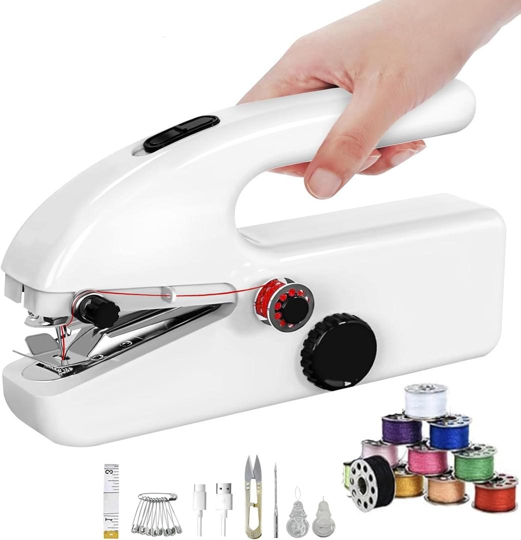 Handheld Sewing Machine for Beginner, Portable Mini Small Sewing Machine with Sewing Kit, DIY Home Travel Electric Machine for adult and kid outdoor(White)