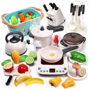 CUTE STONE Pretend Play Kitchen Toy with Cookware Steam Pressure Pot and Electronic Induction Cooktop, Cooking Utensils, Toy Cutlery, Cut Play Food, Shopping Basket Learning Toy for Girls Boys (White)