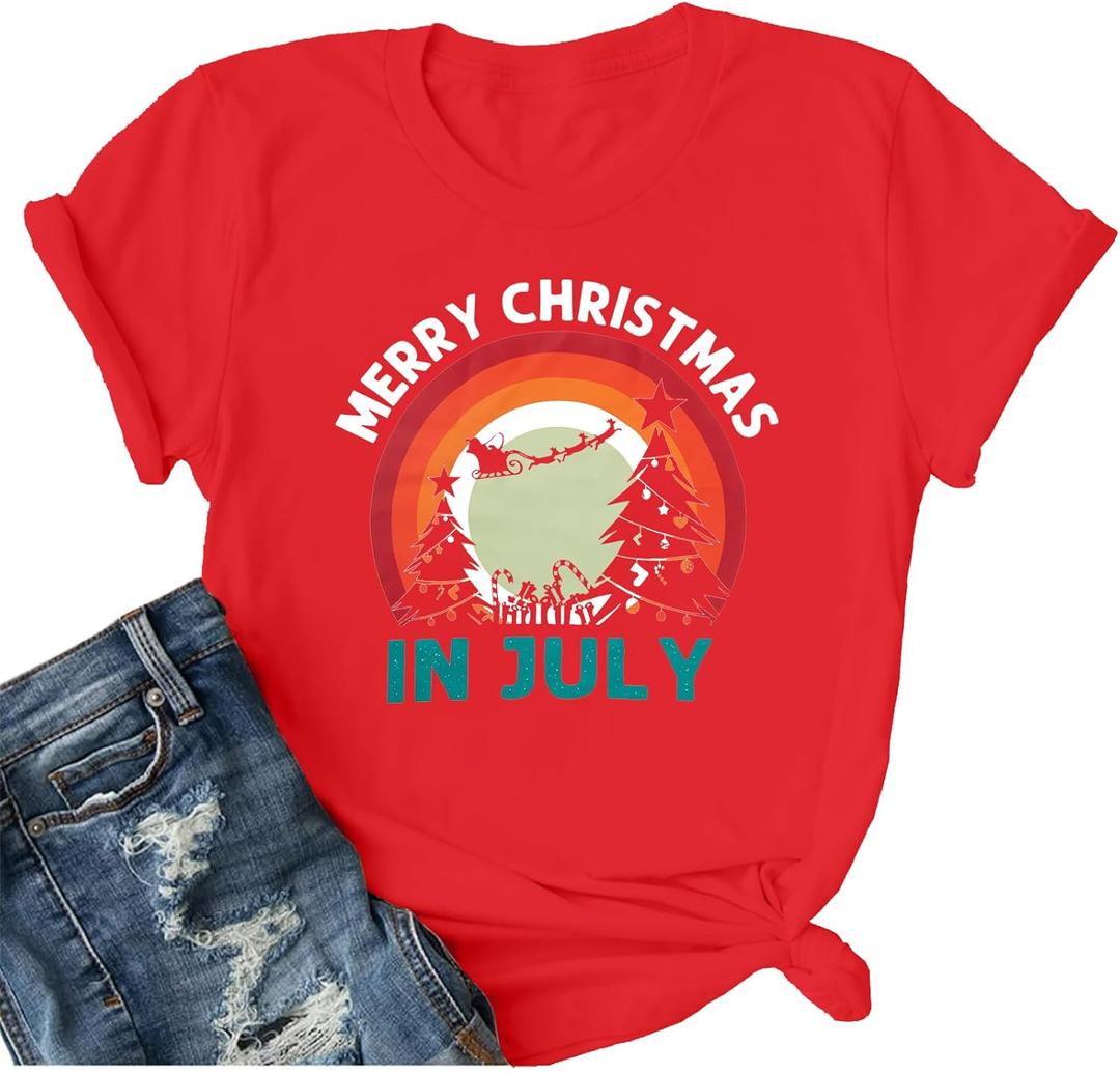 Merry Christmas in July Shirt Women Christmas Tree Graphic Tee Summer Xmas T-Shirt Funny Vacation Short Sleeve Tops (Red, XXL)