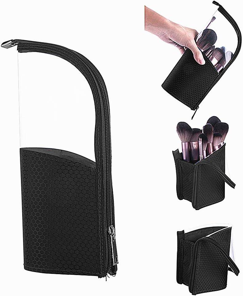 Travel Make-up Brush Holder Organizer BagClear Plastic&Oxford Cosmetic Zippered CasePortable Waterproof Stand-Up Makeup Brush Pouch, Professional Artist Small Toiletry Cup (Black)