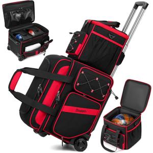 3 Ball Bowling Bag with Wheels, 2 Ball Bowling Bags Double roller with 1 Ball Add On Bag, Multi-Pockets & Shoe Compartment (Fits Up to Size 15) (Red)