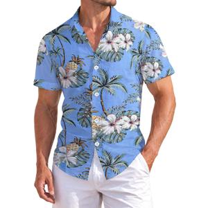 Weecreeture Floral Hawaiian Shirt for Men Summer Button Up Shirt Short Sleeve Mens Beach Tropical Casual Aloha Shirt (Blue, XXXL)
