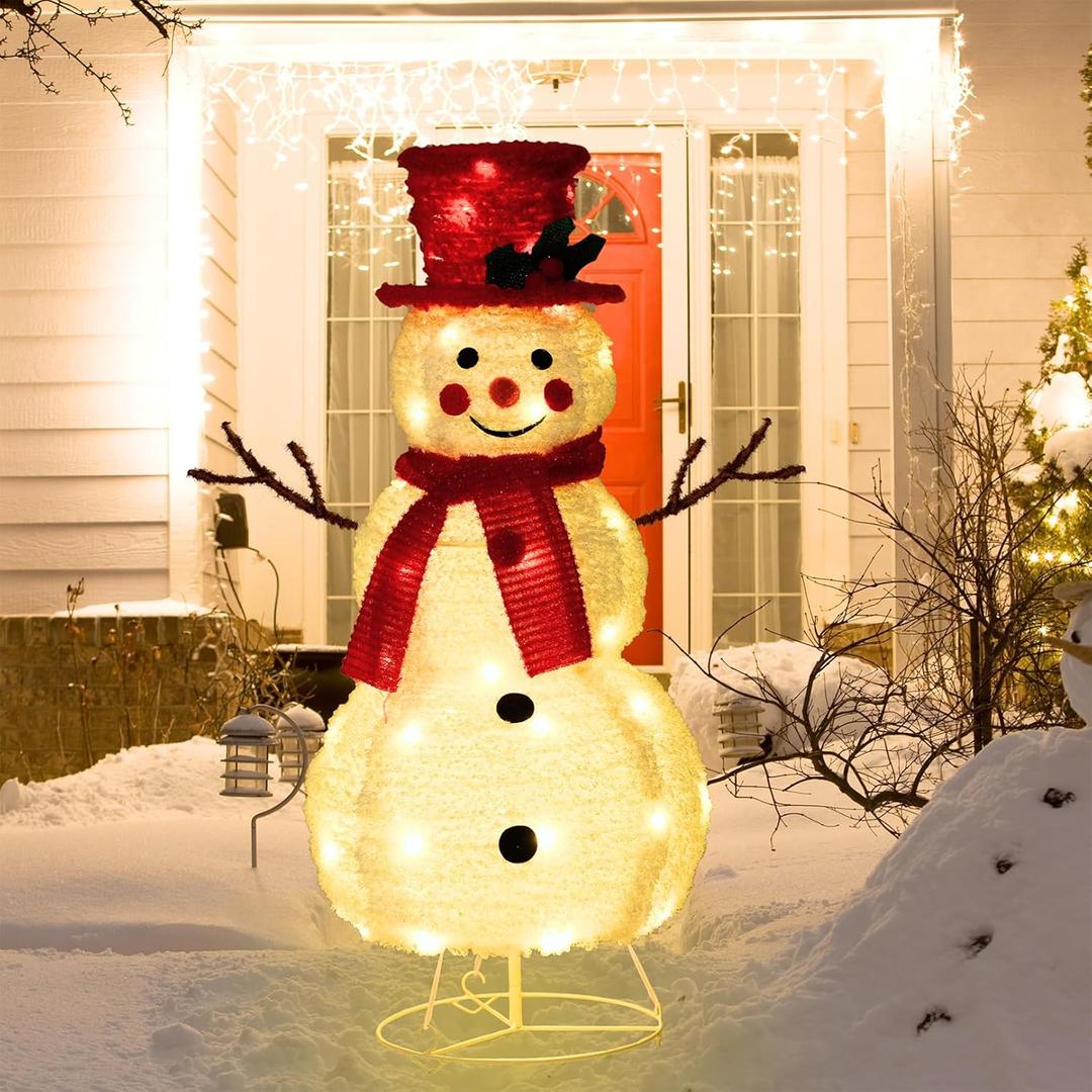 Lighted Christmas Snowman Decorations Yard Light Up 2.3FT Snowman Indoor Outdoor Decor Collapsible Pop Up with Pre-Lit 60 LED Lights Metal Stand for Lawn Garden Porch Xmas Outside Party