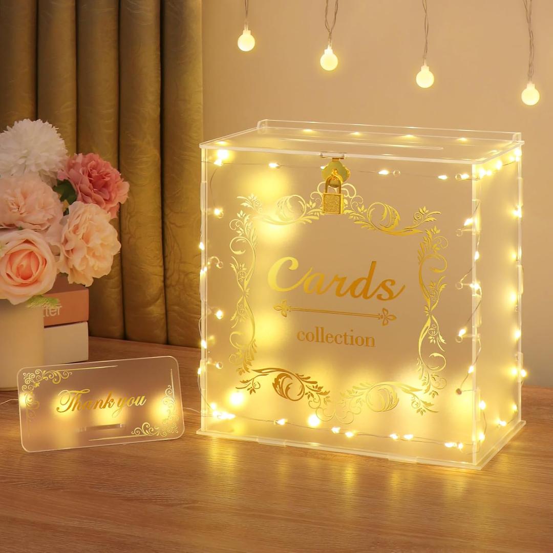 DIWNELEM Acrylic Wedding Card Box with Lock String Light Frosted Large Card Box for Wedding Letter Box Envelope Box Acrylic Gift Card Box Money Box for Party Birthday Reception (9.6*9.2*9.6 inches, Model 3)
