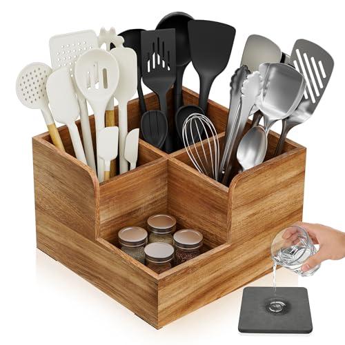 Yofidra Kitchen Utensil Holder with Stone Drying Mats, 4 Compartments Corner Utensil Holder for Kitchen Countertop, Extra Large Silverware Organizer (Wood Color)