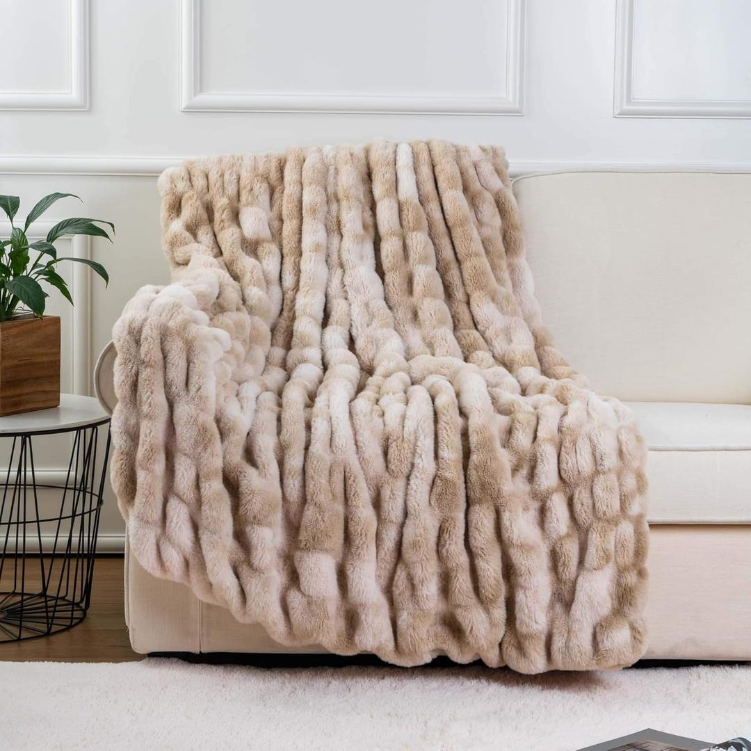 BATTILO HOME Ruched Luxury Faux Fur Throw Blanket Beige Tie-dye Rabbit Fur Blanket for Couch, Living Room, Fuzzy, Soft, Plush, Cozy, Elegant with Reversible Mink Blanket Beige, 60"x80"