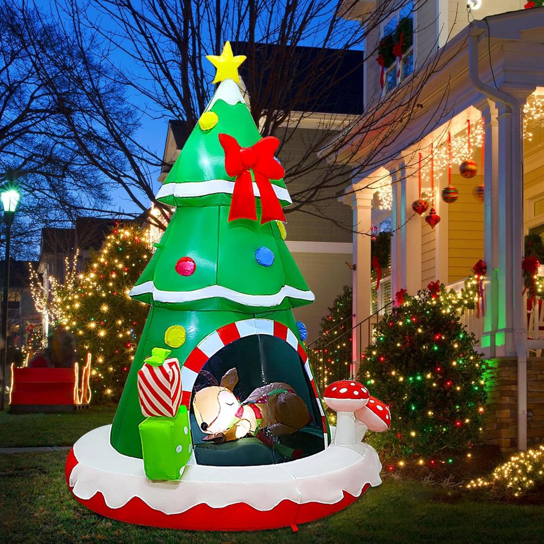Joliyoou Christmas Inflatable Decoration, 7.2FT H Air-Blown Lighted Christmas Tree Sleeping Inside A Deer, Jumbo Blow Up Xmas Tree Adorned with Red Bow Gift Boxes for Outdoor Indoor Decor