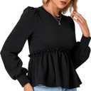 LYANER Women's Crewneck Long Sleeve Peplum Frill Solid Tee Shirt Blouse Top Black Small
