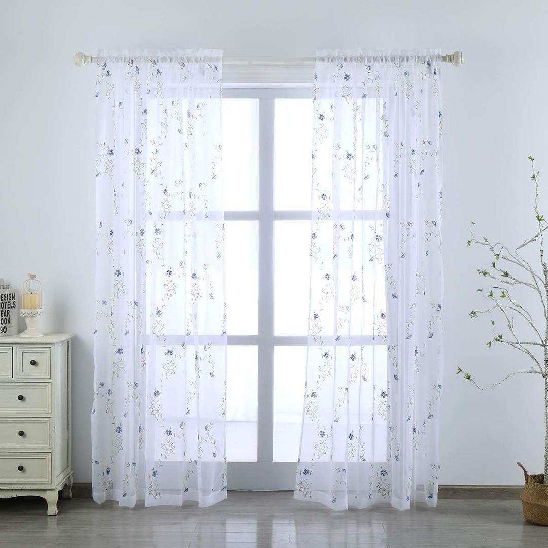 Taisier Home Floral White Sheer Curtains Flower Print Vine Embroidery Bedroom Curtain Rod Pocket Voile Window Curtains for Living Room, 52 x 72 inches Long, Set of 2 Panels,Blue Buds with Brown Branch