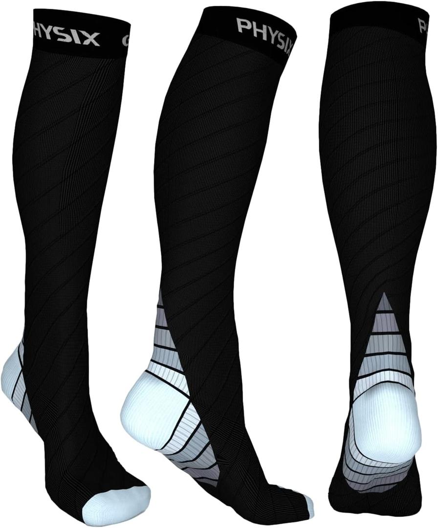 Physix Gear Compression Socks 20-30 mmHg - Men & Women - Running, Nurses, Shin Splints, Flight, Travel (Black/Grey) L/XL