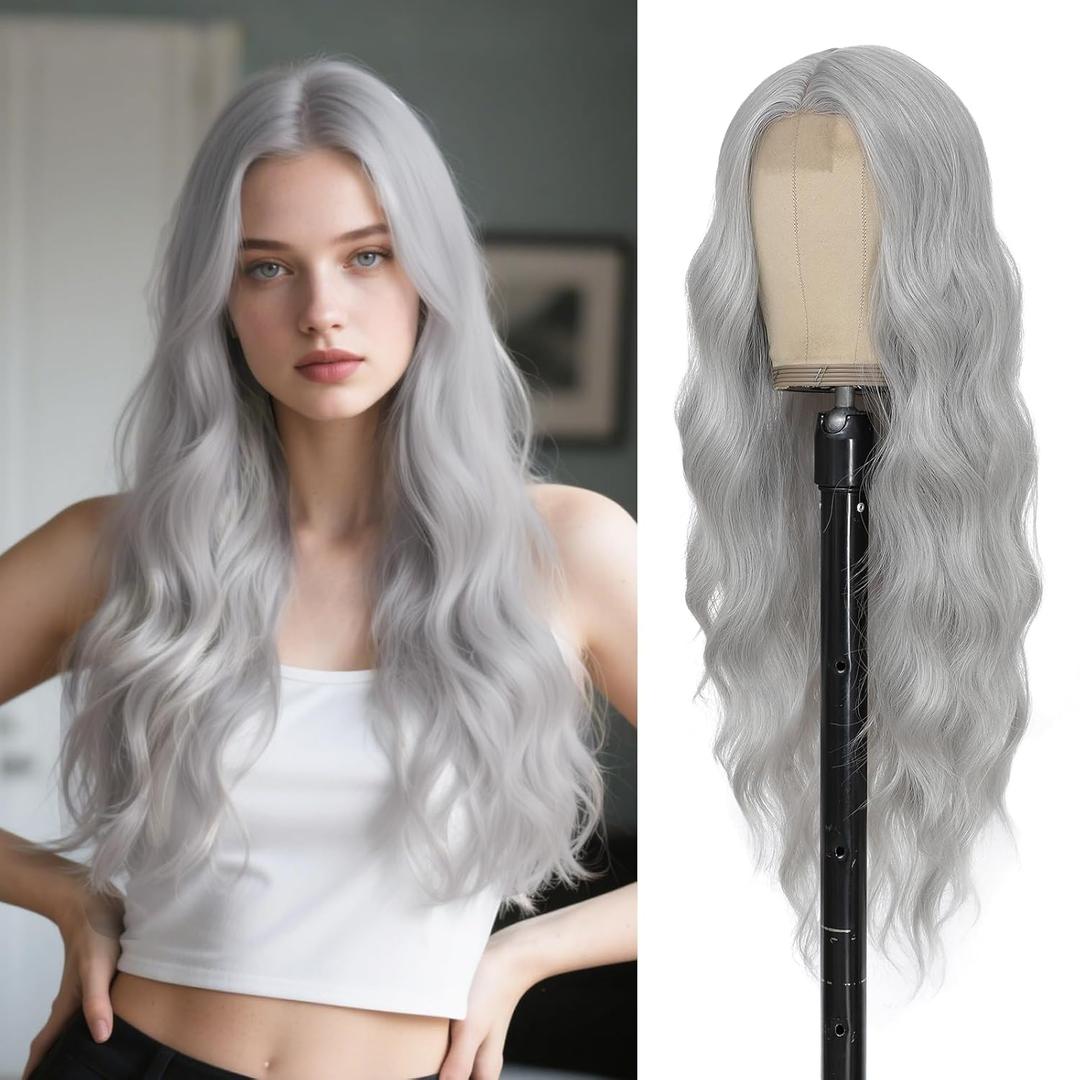 Sliver Grey Wig 26 Inch Long Wavy Wig for Women - Heat Resistant Synthetic Hair Middle Part Curly Wig Natural Look for Daily Party Cosplay Costume Use