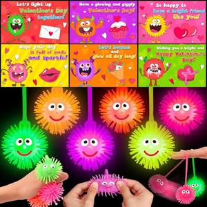 24 Pack Valentines Day Gifts for Kids Classroom LED Puffer Balls with Valentines Cards for Kids School Stress Relief Balls Light Up Toys Valentines for Boys Girls Class Exchange Prizes Party Favors