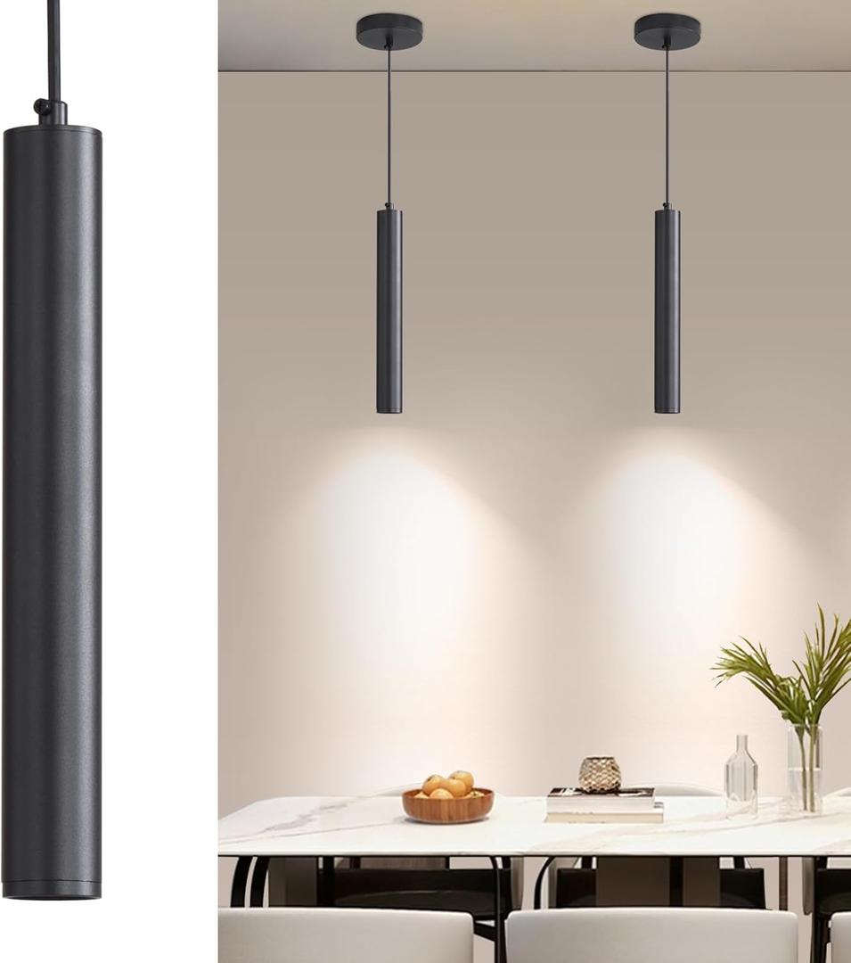 2 Pack Mini Kitchen Island Pendant Light, LED Minimalist Ceiling Hanging Light, 3 Color 3000K/4500K/6500K, Adjustable Height, Black Modern Linear Lamp Lighting for Dining Room, Bedroom, Bar