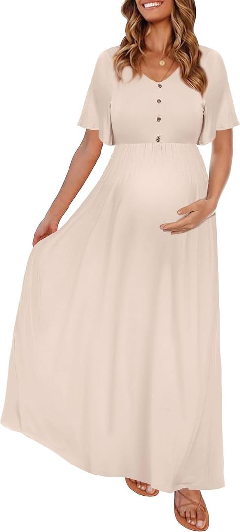Peauty Maternity Dress Maternity Maxi Dress Maternity Dress for Photoshoot Ruffles Short Sleeve Light Mocha XL