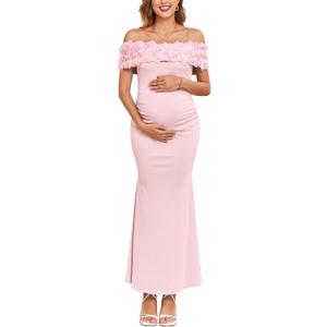 AISWI 3D Floral Off The Shoulder Maternity Dress Sexy Ribbed Mermaid Maxi Bodycon Pregnancy Dresses Baby Shower (Pink, L)