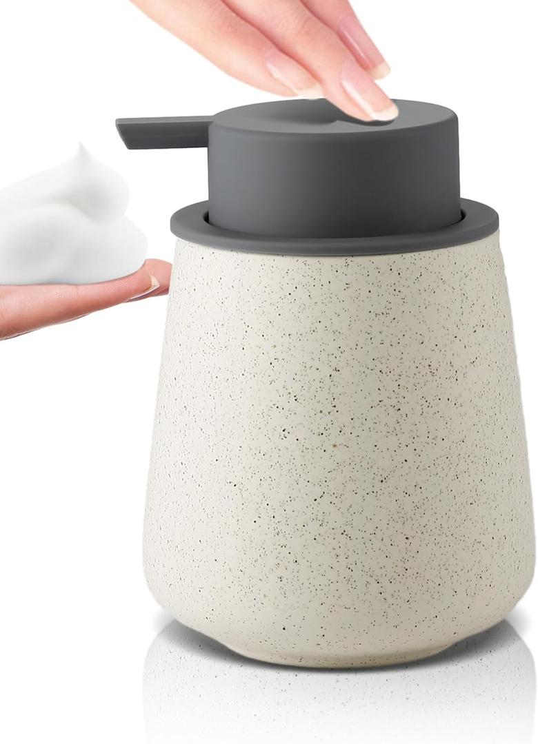 Foam Hand Soap Dispenser - 12 oz Bathroom Lotion Hand Pump Dispenser, Ceramic Foaming Soap Dispenser with Grey Removable Pump for Kitchen Hand Wash Dispenser, Speckled Matte Beige