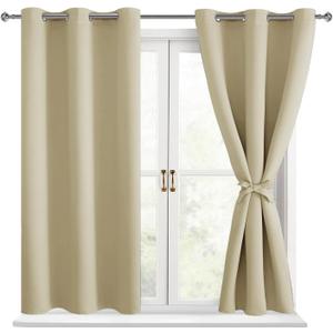 Hiasan Short Blackout Curtains for Bedroom - Thermal Insulated & Light Blocking Window Curtains for Living Room, 2 Drape Panels Sewn with Tiebacks, Light Beige, 38 x 45 Inch