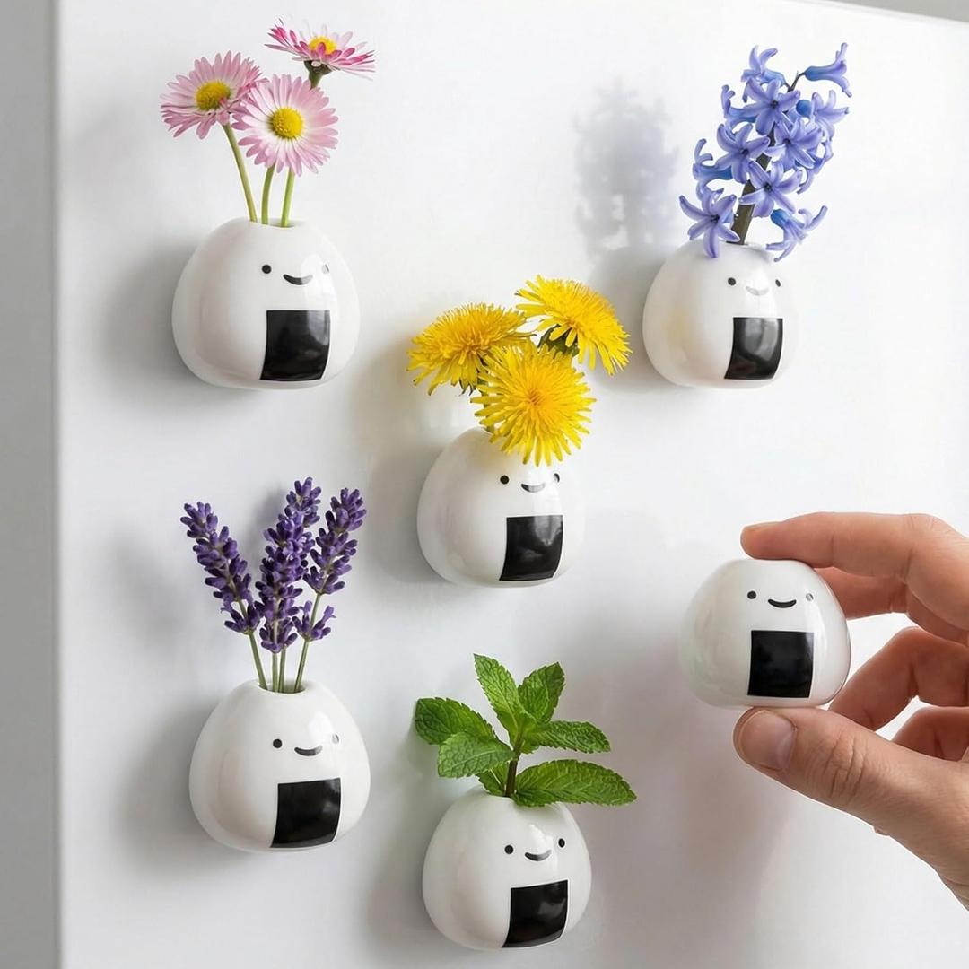 6PCS Mini Ceramic Bud Vases Magnets for Fridge, Tiny Magnetic Rice Ball Vases Refrigerator Accessories, Pot Magnet for Real Flowers, Funny Aesthetic Plant Pot Locker Office Kitchen Decoration (Colorful)