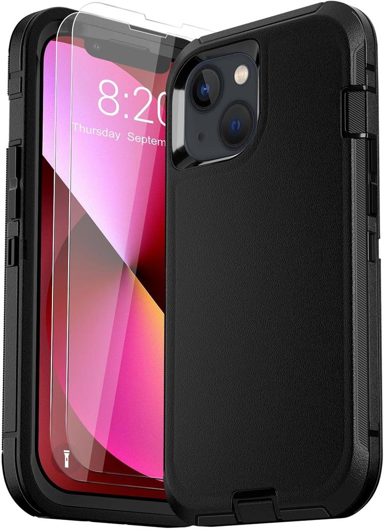 for iPhone 13 Case (6.1"), with 2 Tempered Glass Screen Protector [Heavy Duty Military-Grade Full Body Drop Protection] Shockproof Tough Durable 6.1 InchBlack