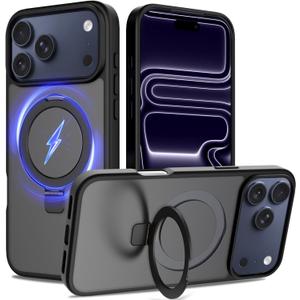 Ultra-Magnetic Stand for iPhone 17 Pro Case [Military Drop Protection] [Compatible with MagSafe] Shockproof Translucent Matte Slim Ring Holder Case for iPhone 17 Pro (Black)