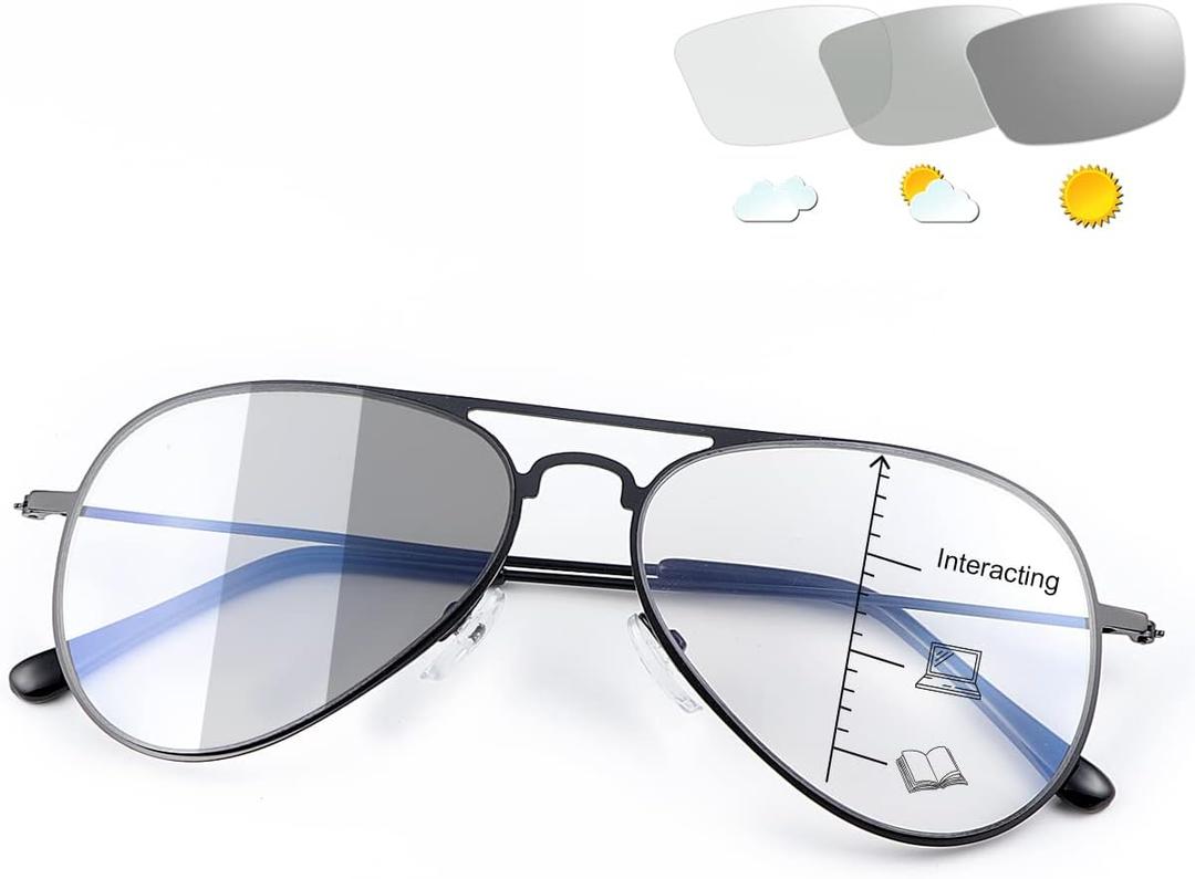 YIMI Photochromic Progressive Multifocus Reading Glasses UV400 Sunglasses Blue Light Blocking Aviator Transition Presbyopic (Black)