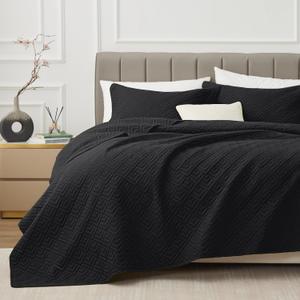 EXQ Home Quilt Set Twin Size Black 2 Piece,Lightweight Soft Coverlet Modern Style Squares Pattern Bedspread Set for All Season(1 Quilt,1 Pillow Shams)