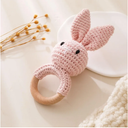 Wooden Baby Rattle，Crochet Bunny Rattle with Wood Ring, Newborn Wooden Animal Rattle Toy，Infant Pink Bunny Wood Rattle Toys