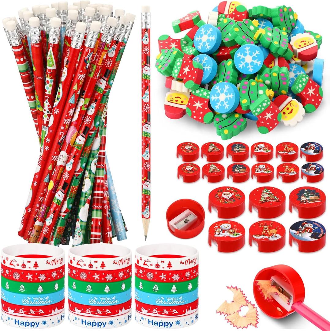PerKoop 240 Pcs Christmas School Stationery Set Christmas Classroom Gifts Prizes Bulk Include Pencils Eraser Sharpener Silicone Bracelet for Students Kid Party Favor Holiday Stockings Filler Goodie