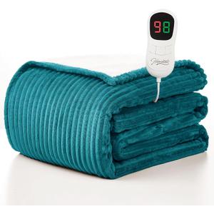 Homemate Heated Blanket Electric Throw - 50"x60" Heating Blanket Throw 1/2/4/6/8 Hours Auto-Off 10 Heat Levels Over-Heat Protection Soft Flannel Sherpa ETL Certification (17 - Enamel Blue (Striped))