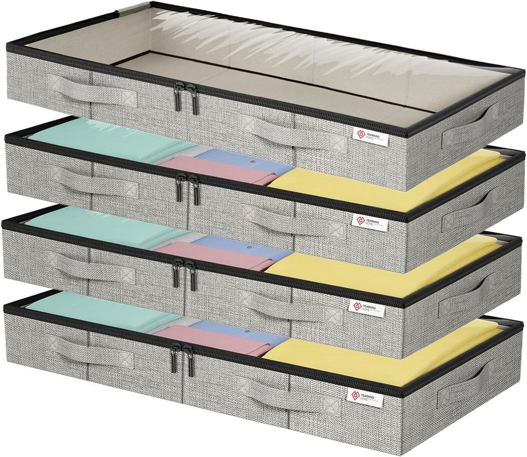 4.5 Inches Under Bed Storage Containers with Sturdy Sidewalls/Bottom and Reinforced HandlesLow Profile Underbed Storage for Clothes,Shoes,Pillows and Blankets with Zips and Clear Windows,4 Pack