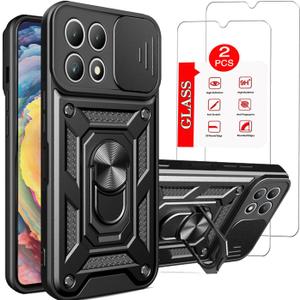 for T-Mobile Revvl 7 5G Phone Case | 2 Pack Tempered Glass Screen Protector, Military-Grade, Heavy Duty Protective, Lens Protects, Magnetic Kickstand Holder Black