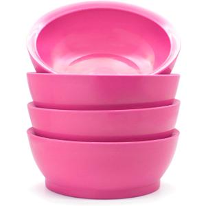 Large Non-Spill Plastic Bowl Set - 28oz Reusable Kitchen Bowls with Concave Inner Lip and Non-Slip Base - For Cereal, Soups, Mixing and Serving - Set of 4 - Pink
