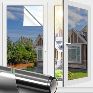 Filmgoo One Way Window Film Non-Adhesive Static Cling Daytime Privacy Film Sun Blocking Heat Control Mirror Window Tinting Film for Home Office (35.4 Inch x 13.1 Feet, Black Silver)