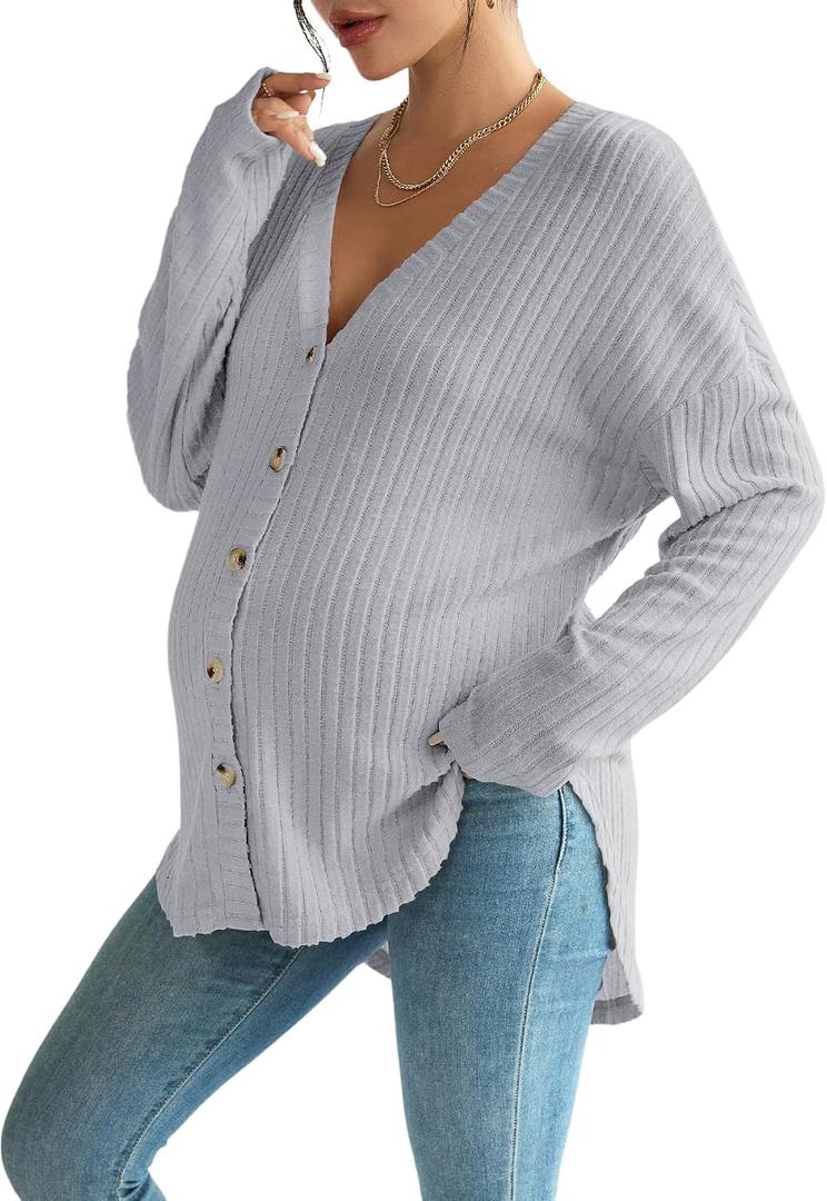 COZYEASE Women's Maternity Button Down Shirt Casual Cardigan Fall Sweaters | Long Sleeve, Ribbed Knit, V Neck, Regular Fit, Drop Shoulder, Fall, Maternity Business Casual (L)