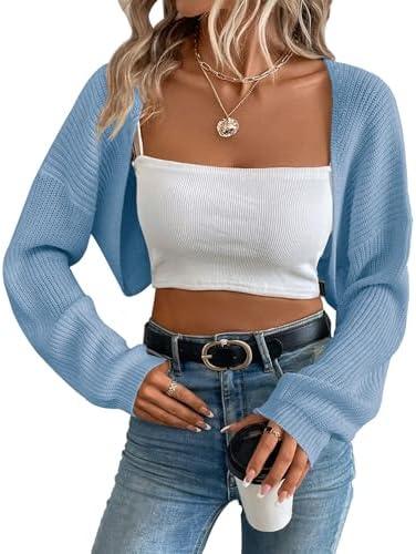 Women's Cardigan Shrugs Long Sleeve Knit Cropped Bolero Shrug Open Front Casual Cardigans for Dresses S