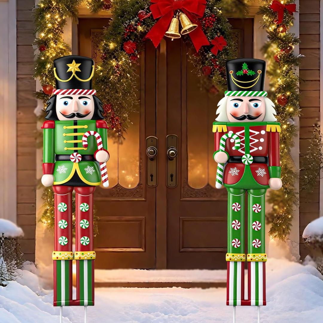 2 Pcs Large Metal Christmas Nutcracker Outdoor Decoration,31.5 Inch Soldier with Stakes Yard Signs Christmas Decor,Outside Ornament for Xmas Holiday Garden Lawn Porch Pathway Party