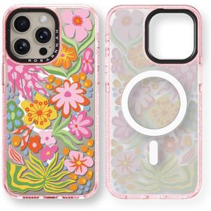 Magnetic for iPhone 15 Pro Max Magsafe Case Cute - Durable Shockproof 6.6 ft Drop Impact Phone Case - Funny Passion Flower Design for iPhone 15 Pro Max 6.7" Glitter Pink
