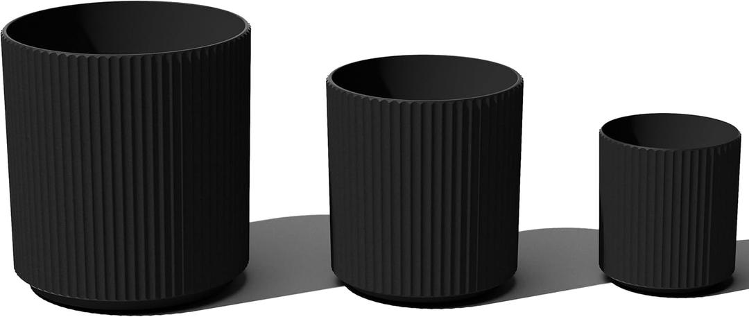 Veradek Demi Series Set of 3 Round Planters for Porch, Patio, Backyard | Durable Plastic-Stone Material | Modern Dcor for Tall Plants, Flower (Black)