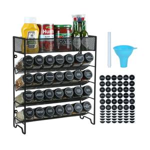 Spice Rack Organizer with 28 Spice Jars, Black Lids，Spice Labels, Chalk pen and Funnel Set for Cabinet, Countertop, Pantry, Cupboard or Wall Mount