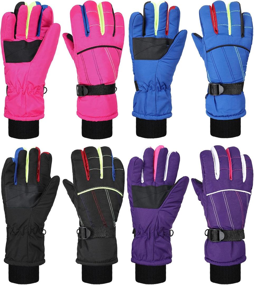 Geyoga 4 Pairs Kids Waterproof Ski Gloves Warm Windproof Winter Snow Gloves Cold Weather for Boys Girls (6-13 Years, Black, Blue, Purple, Pink)