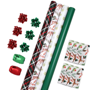 LaRibbons Christmas Wrapping Paper Set, Reindeer & Snowflake Design with Gift Bow & Ribbons & Tags, Perfect for Holiday, Party, Xmas Celebration,30 Inch X 10 Feet (4Rolls, 100 sq.ft.ttl.)