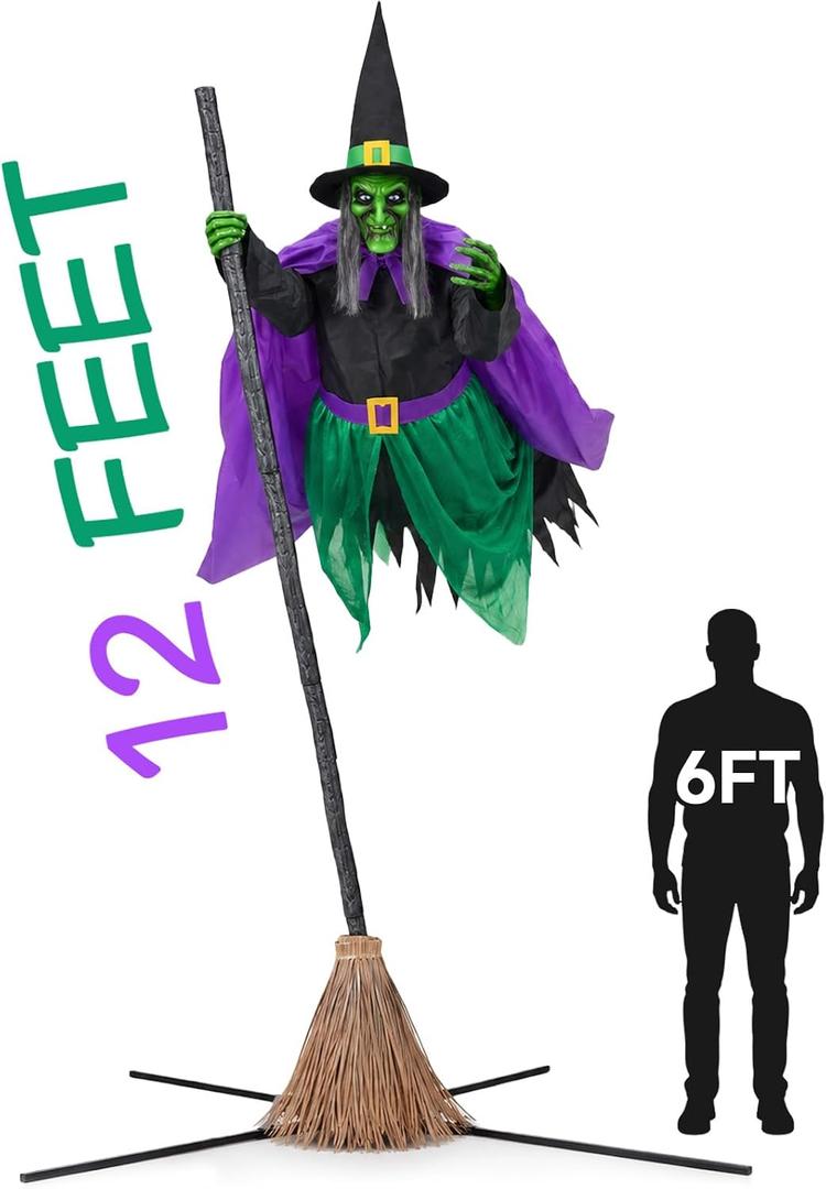 Halloween Decorations Outdoor - 12 FT Animated Hovering Witch Animatronics | Halloween Animatronics Prop with Sound & Touch Activated Sensor - Spooky Scary Decor for Home Outside Garden Yard Lawn
