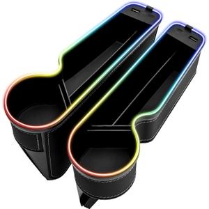 7 Color Led Car Seat Gap Organizer Car Seat Pocket Gap Filler with USB+C Charger,2 Pack Car Seat Gap Storage Console Side Gap Filler with Cigarette Lighter 2026 Fast Charger Seat Gap Filler (Black)