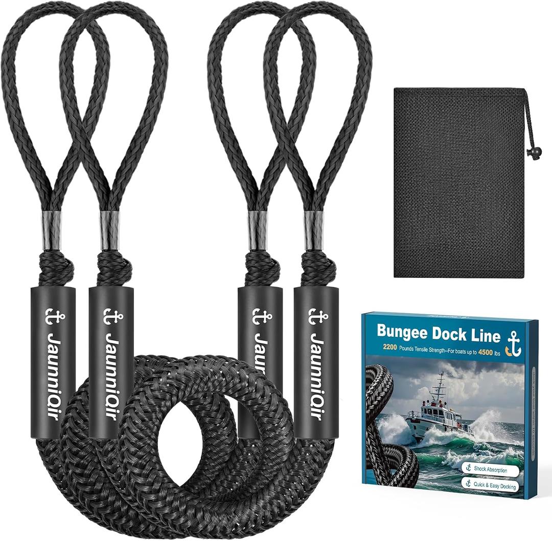 JaunniQir 2200lb Bungee Dock Lines 4-5.5ft, Shock Absorbing Mooring Ropes with Foam Floats, Stretchable Dock Snubber for Jet Ski Pontoon Kayak, 2 Pack Boat Accessories, Storage Bag (Black)