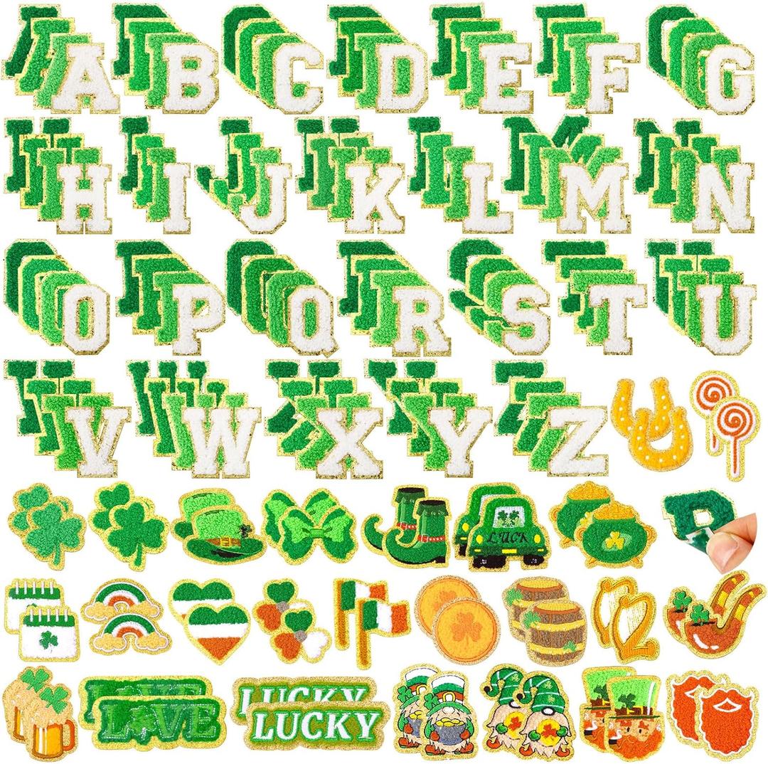 154 Pcs St. Patrick's Day Patches Self Adhesive Saint Patrick's Day Patches Stick on Chenille Irish Clover Lucky Patch Sticker Embroidered, Include 104 A-Z Letter,50 Love Shamrock Patch for Backpacks
