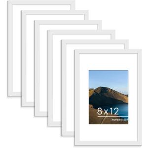 PEALSN 8x12 Picture Frame Set of 6, Display Pictures 6 x 8 with Mat or 8 x 12 without Mat for Wall Mounting or Table Top Display, Photo Frames Collage for Wall Decor, White