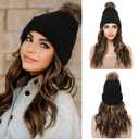 REECHO Warm Knitted Beanie Wig With 12" Beach Wavy Hair Extension - Synthetic Hairpiece for Women - Black Hat, Deep Brown With Highlights