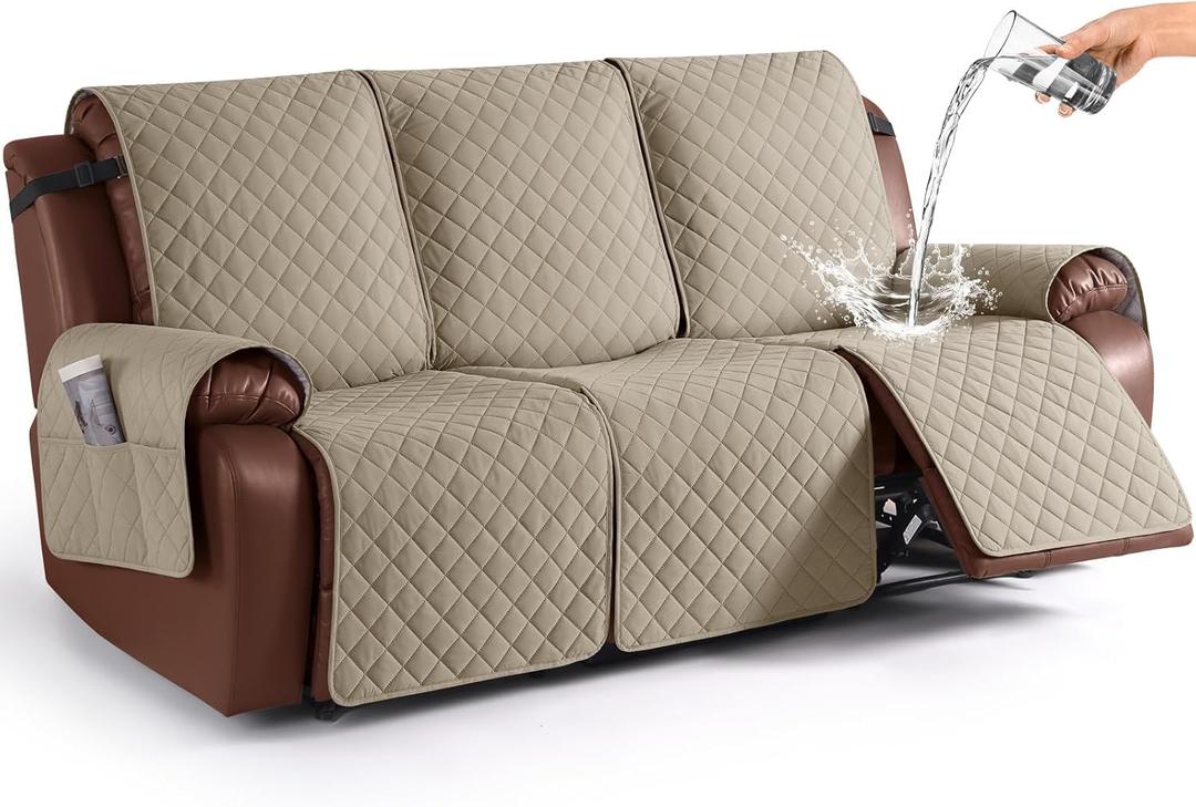 KinCam Waterproof Recliner Sofa Cover, Non-Slip Reclining Couch Covers for 3 Seat, Recliner Couch Cover Furniture Protector with Elastic Straps for Pets, Kids, Khaki