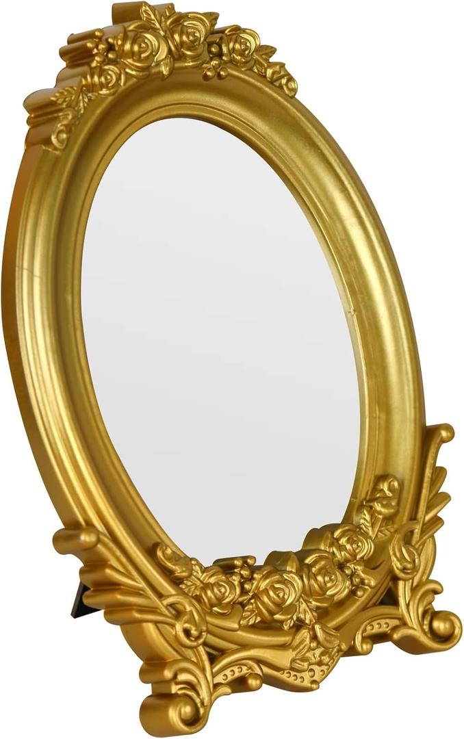 Vintage Oval Makeup Mirror, Adorned with an Ornate Gold Floral Frame, Decorative Dressing Mirror (9.8x6.5inch) (Gold)